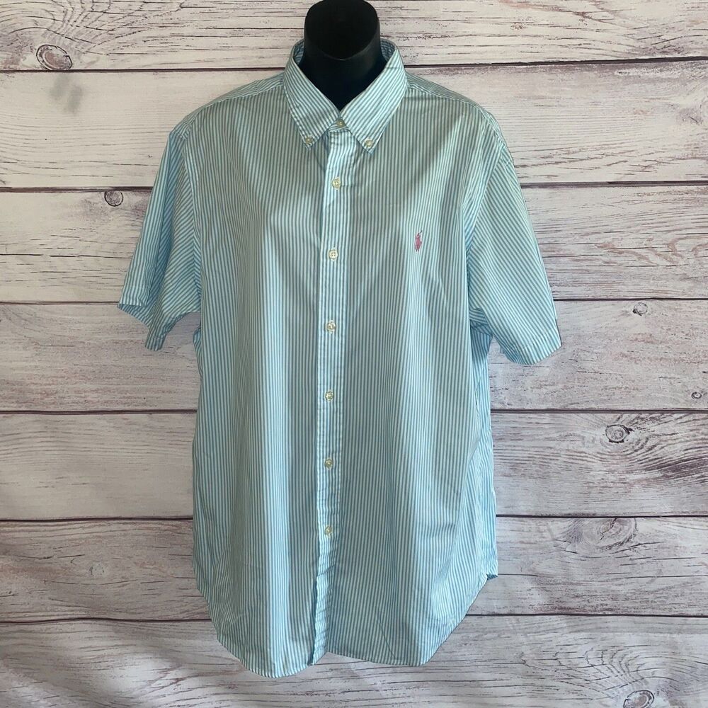 Ralph Lauren Mens Shirt L Blue White Stripes Button Front Pink Pony B30